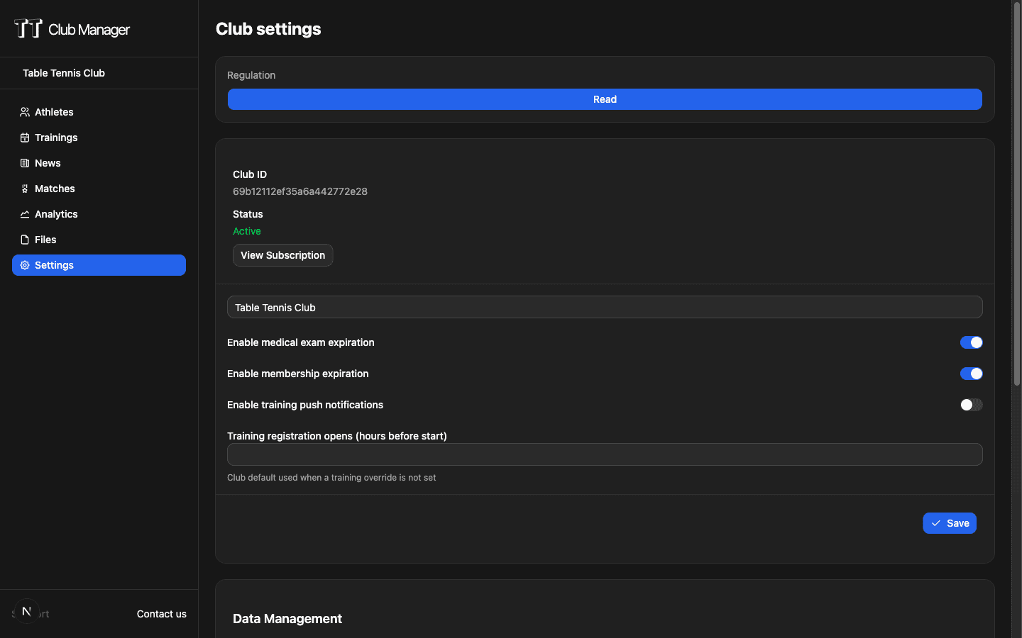 TT Club Manager sub-account management interface